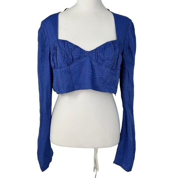 Zara Blue Black Polka Dot Long Sleeve Crop Top Women’s Size XL - Picture 2 of 14